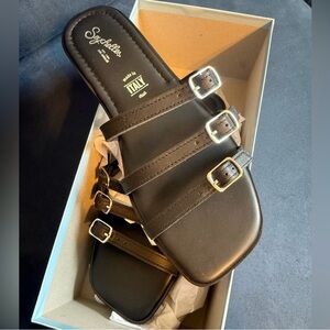 Seychelles Black Sandals with Silver Buckles